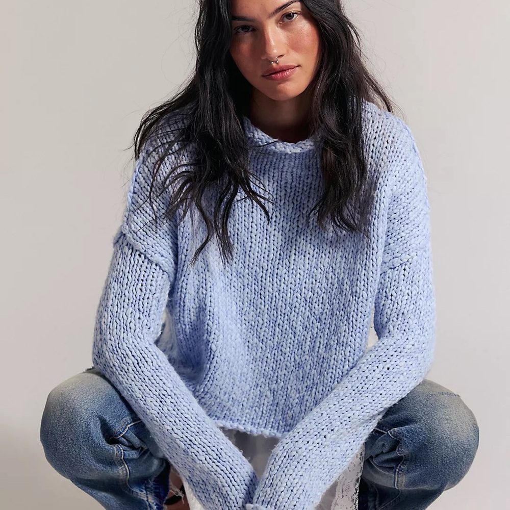 Free People Soft Sky Blue Chunky Crew Sweater